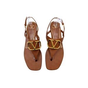 Valentino Garavani Tan Leather VLogo Slingback Sandals Size 39